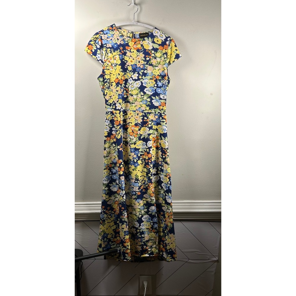 Sugarlips Midi Dress Womens Large Blue Floral Modern Open Back Cap Sleeve